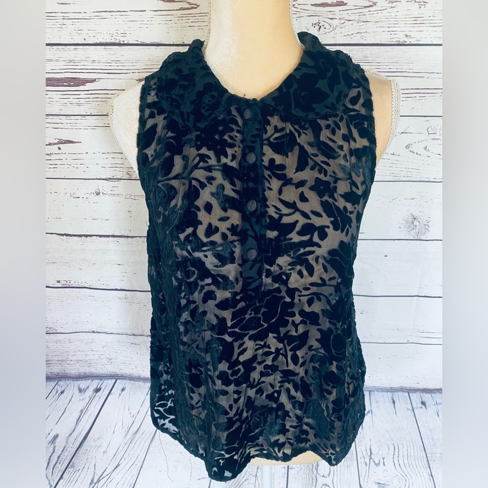 Women’s Small Tank Top Forever 21 Boutique Black Lace Velour Sheer Button Collar
